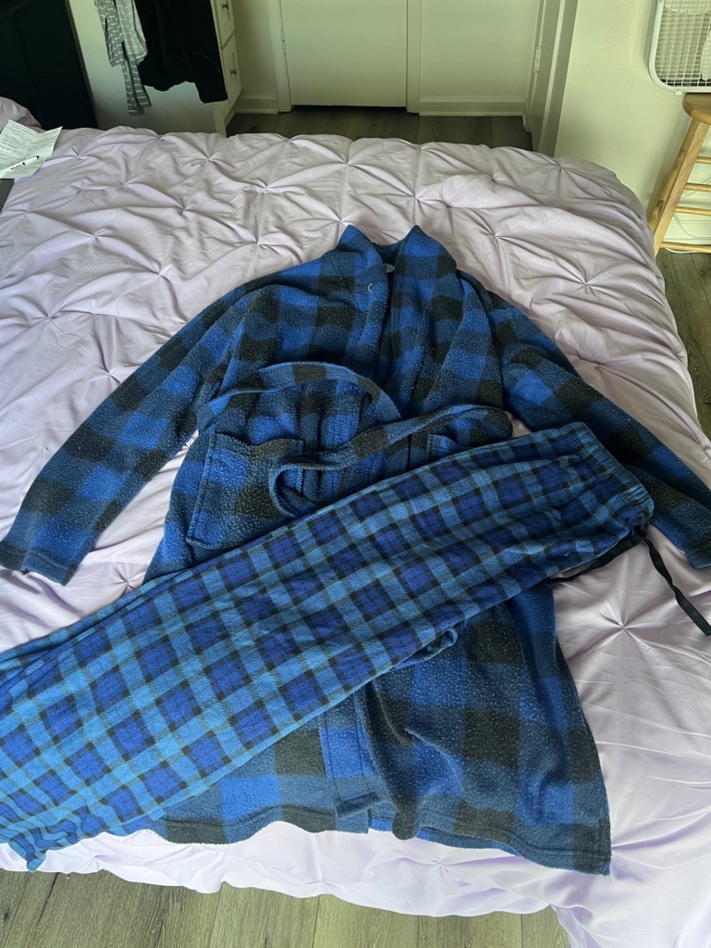 Men's Blue Plaid Fleece Jacket and Pants Set